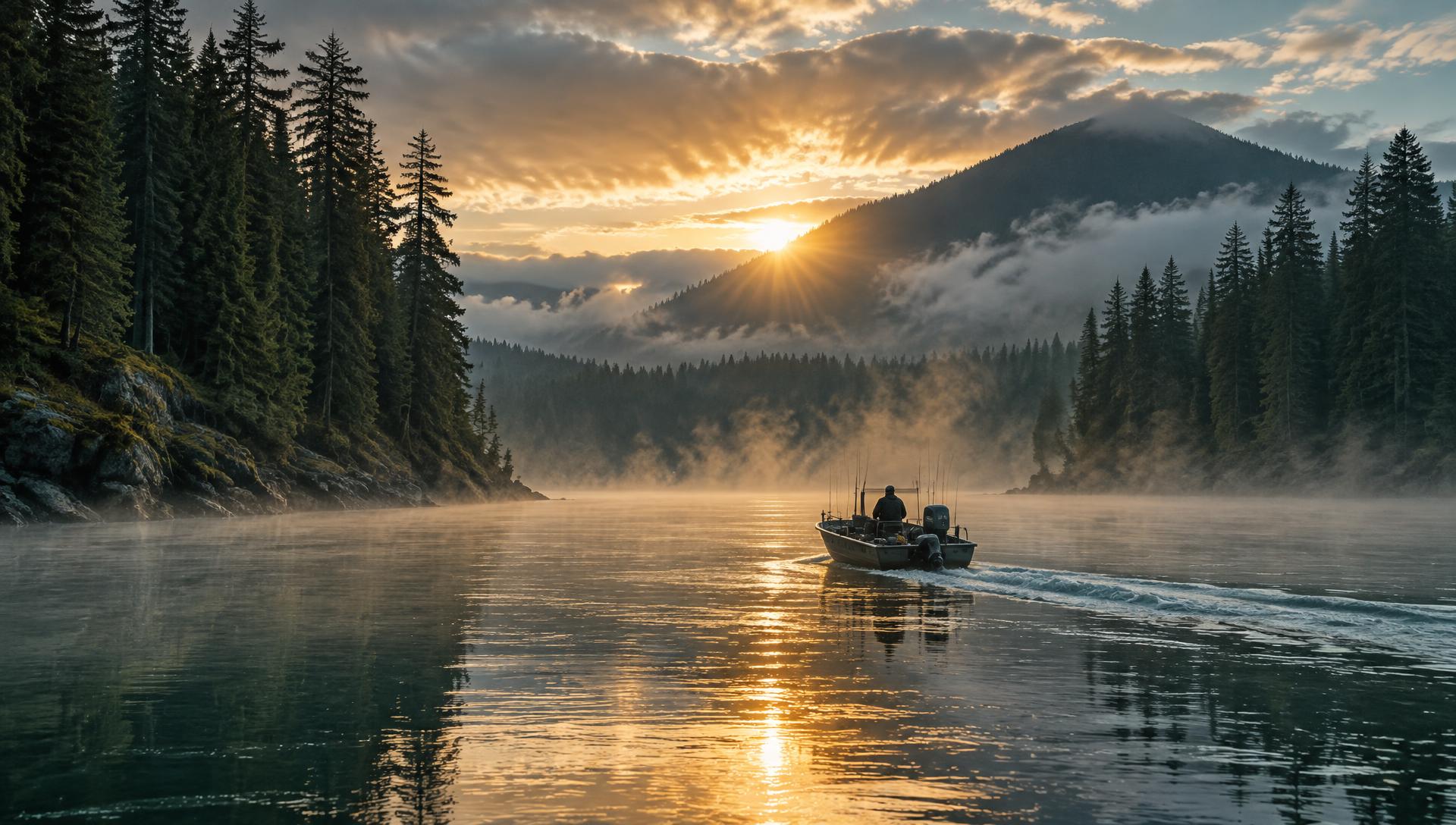Misty sunrise over a forest-lined Pacific Northwest river
