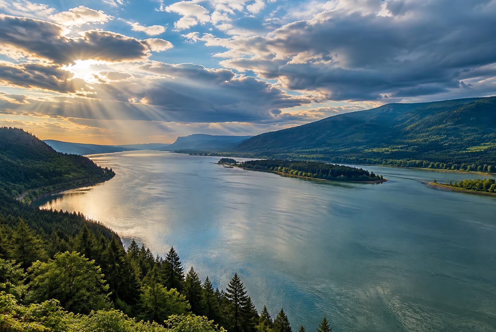 The broad Columbia River winding between forested hills under dramatic skies