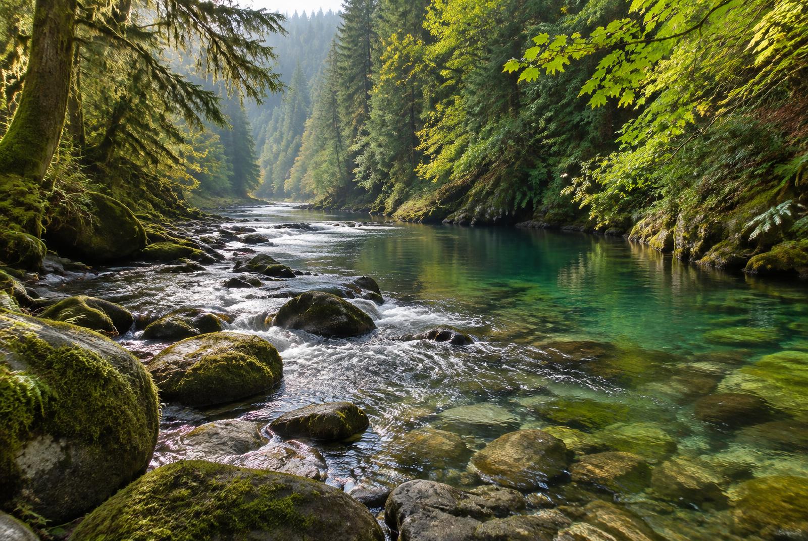 Clear river water over mossy rocks beneath overhanging trees