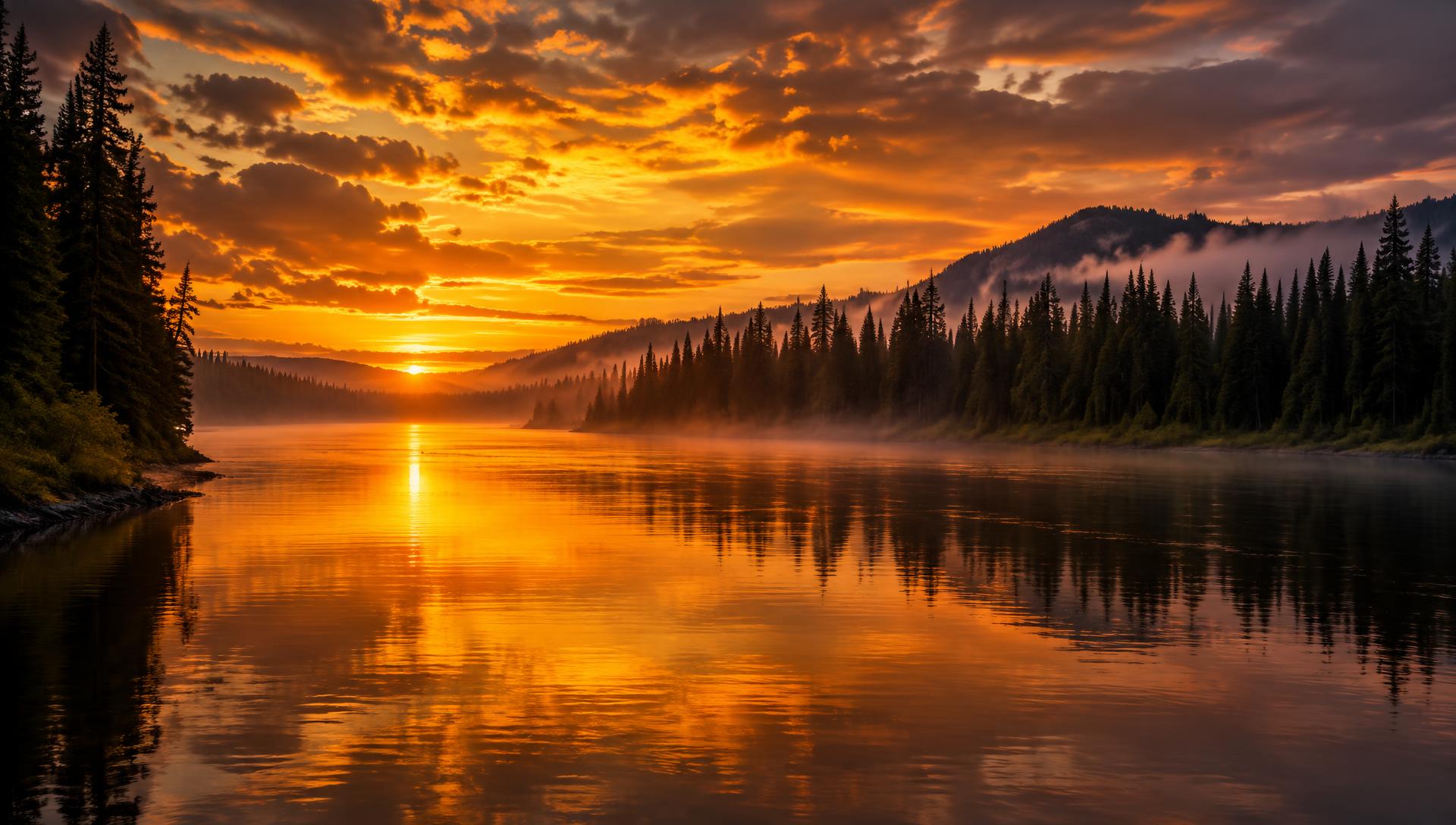 Golden sunset reflecting on a calm, forest-lined river